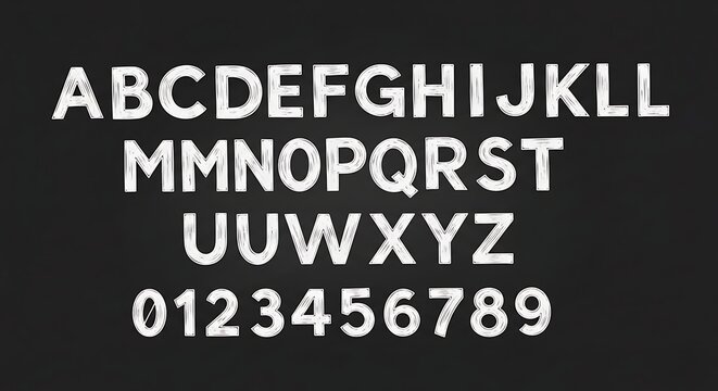 White Alphabet and Numbers on Black Background.