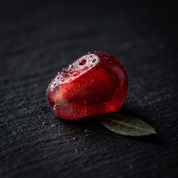 A single pomegranate seed, vibrant red and translucent, rests on a dark, textured surface. The seed glistens with droplets of water, giving it a fresh, dewy appearance. Adjacent to the seed lies a sma