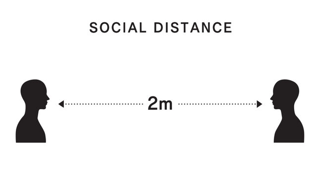 Silhouettes of people maintaining 2m social distance with dotted line and text overlay featuring coronavirus, pandemic, health with safety and two