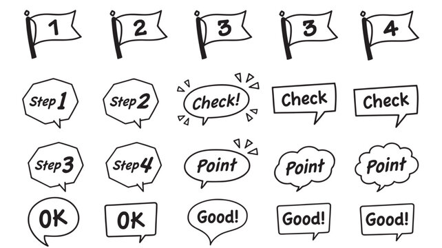 Flags and speech bubble doodles hand drawn set with step by step processes and positive feedback words like check, point, OK, and good