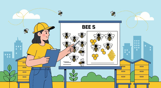 Beekeeper Woman Explaining Bee Colony Data on Whiteboard with Beehives and Cityscape