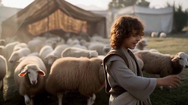 Young David is Herding His Father Jesse's Sheep in the Field. Biblical Illustration Scene