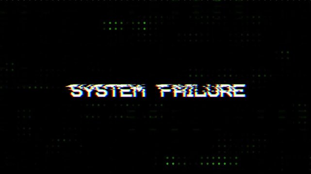 System failure text animation with digital glitch effect on futuristic technology background.