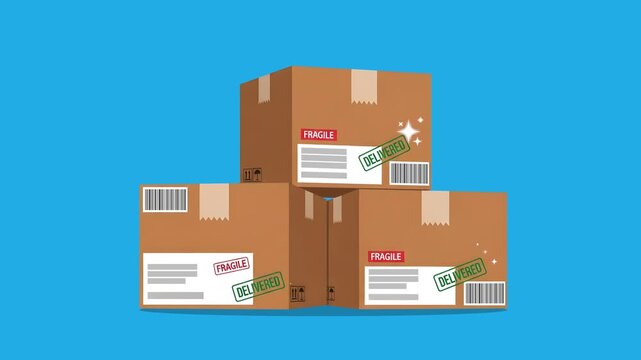 Flat Style Stacked Shipping Box Animation with "Delivered" Stamp for E-commerce Concept