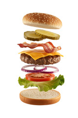 Deconstructed hamburger with cheese bacon lettuce tomato and onion