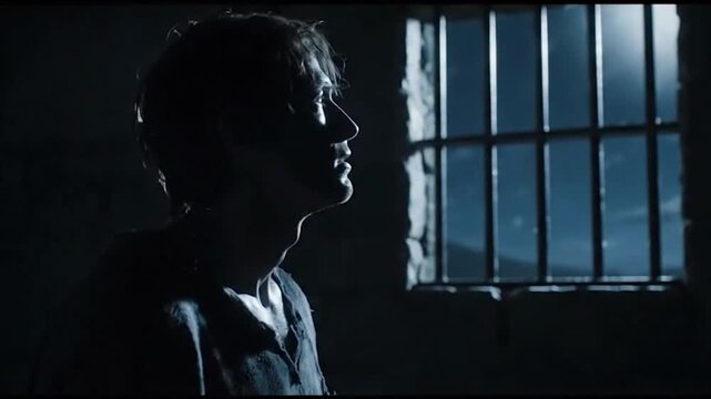 Man in dark room looking out barred window, feeling trapped and hopeless.