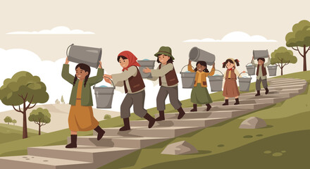 Children carrying water buckets up stairs, rural life, community effort, daily chores