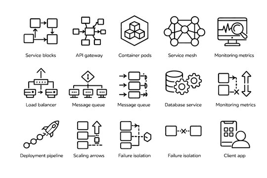 Microservices Architecture Icons. Microservices architecture diagram. Line outline icon set of microservices