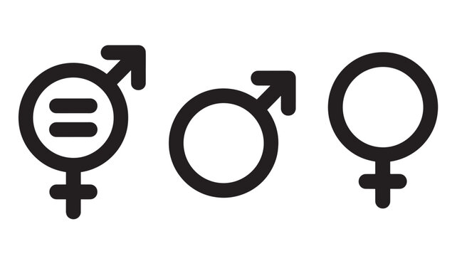 Gender symbols with equality sign in black on white background, representing gender equality featuring male symbol, female symbol, transgender symbol