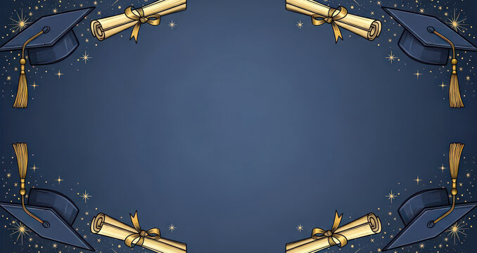 Blue Background with Graduation Caps and Diplomas.