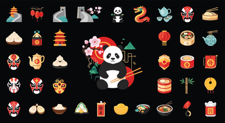 Obraz premium Icon set of Chinese culture and tradition featuring pandas, lanterns, pagodas, dumplings, tea, dragons, and Great Wall on black background.