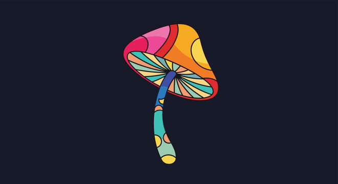 Colorful psychedelic mushroom illustration with vibrant patterns and rainbow stem against dark blue background in creative art style.