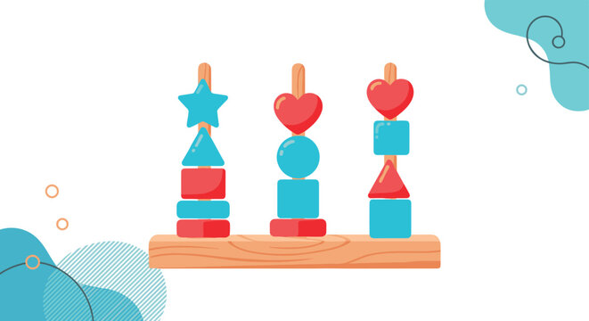 Childs wooden toy with three vertical pegs and colorful geometric shapes like hearts, stars, and circles in red and blue tones on shelf.