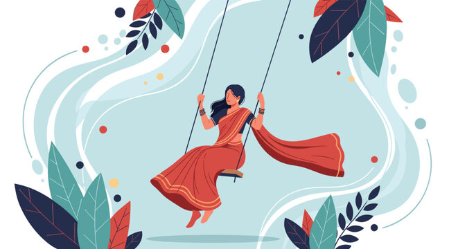 Beautiful woman wearing a traditional red saree is sitting on a wooden swing surrounded by colorful artistic floral leaves.