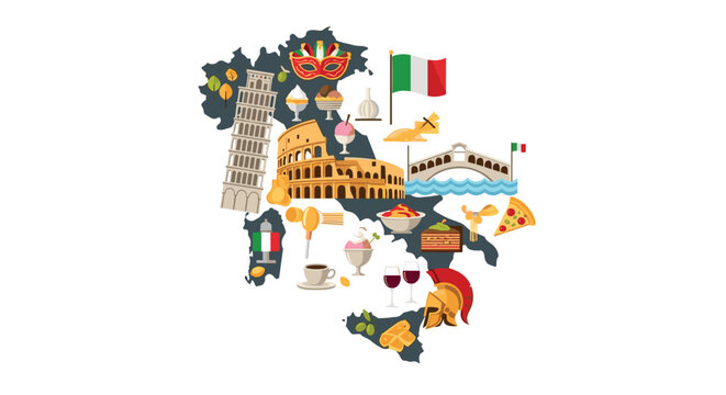 Detailed map of Italy is filled with iconic cultural symbols including the Colosseum, pizza, pasta, and leaning tower.