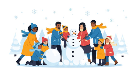 Fototapeta premium Diverse Family Building Snowman Together in Snowy Winter Landscape