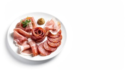 Assorted cured meat platter with sliced salami prosciutto and ham arranged on white plate with herbs and condiments creating a gourmet charcuterie presentation suitable for appetizer dining concept