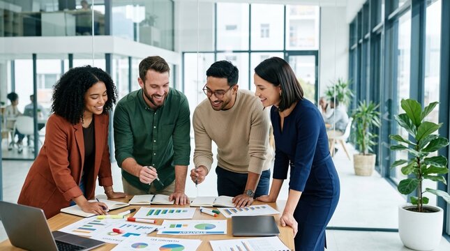 Diverse creative team collaborating around table reviewing colorful charts and marketing data in bright modern office, energetic and focused atmosphere