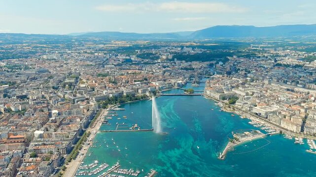 Geneva, Switzerland. Fountain Je-Deau. Large fountain jet up to 140 meters. The main attraction of Lake Geneva. Summer day. Drone footage, Point of interest
