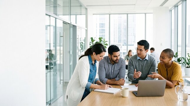 Young diverse business team reviewing documents and laptop around table in bright modern office, collaboratively planning and discussing project ideas with focused engagement