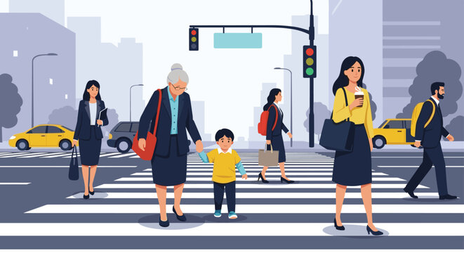 Group of pedestrians including an elderly woman with a child cross a busy city street at a crosswalk with traffic lights.