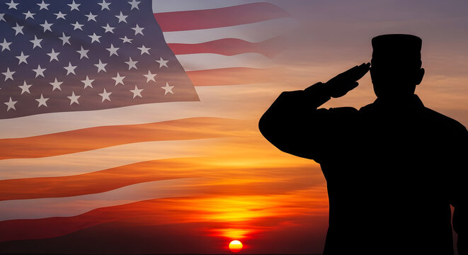 Silhouette soldier saluting against American flag and vibrant sunset salute