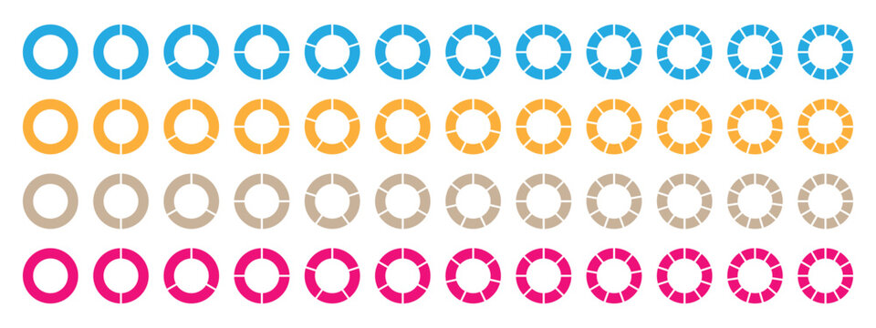 Circle pie chart diagram. Circle pie chart. 1,2,3,4,5,6,7,8,9,10,11,12 sections or steps.Wheel round diagram part symbol. Different color circles donut and pie chart set. 