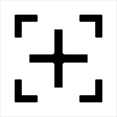 Fototapeta premium Minimalist black vector icon of a camera viewfinder focus frame with a center crosshair, representing photography target, auto-focus, scanning, or precision positioning on a white background.