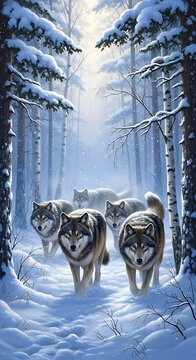 Wolf Pack Walking Through Snowy Forest.