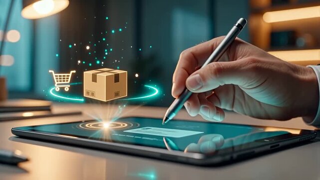 E-commerce shopping concept with digital tablet and packaging
