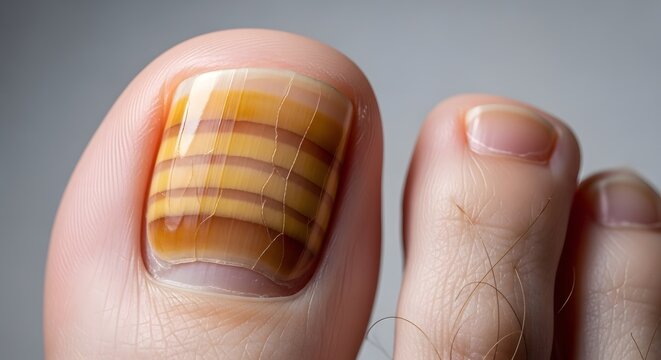 Detailed shot of an unhealthy toenail showing severe yellow discoloration and ridges. Concept of dermatological issues and podiatry care