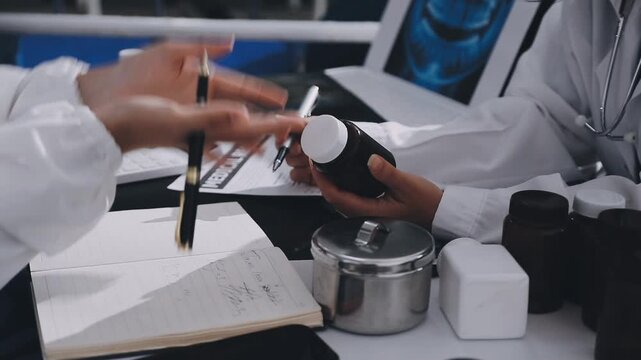Hands of chief physician working on computer when having online meeting with colleague from another hospital or laboratory