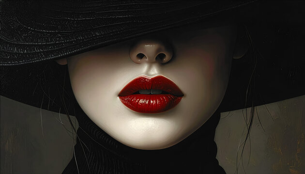 A dramatic close‑up portrait with deep red glossy lips, pale smooth skin, and a large black hat casting a shadow that hides the eyes, creating a mysterious, high‑contrast aesthetic.