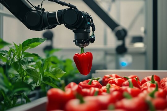 Robotic arm harvesting a ripe red pepper in greenhouse