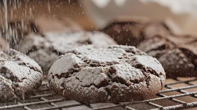 Close up of chocolate cookies being dusted with powdered sugar.