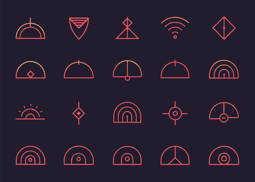 Twenty thin line icons with a peach gradient color featuring half-circle and geometric wave patterns are displayed against a dark purple background.