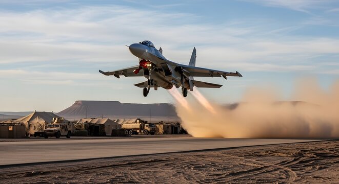 Military jet taking off in war zone with smoke and clouds