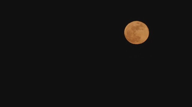 Full orange moon with extreme zoom and subtle motion in upper right corner of dark night sky