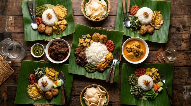 Overhead view of Indonesian culture dishes arranged on a rustic wooden table with traditional cuisine and vibrant food displays.