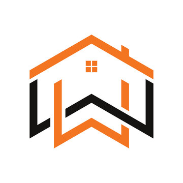 Modern geometric logo featuring intertwined W letters forming a house outline with a roof and window, in orange and black.