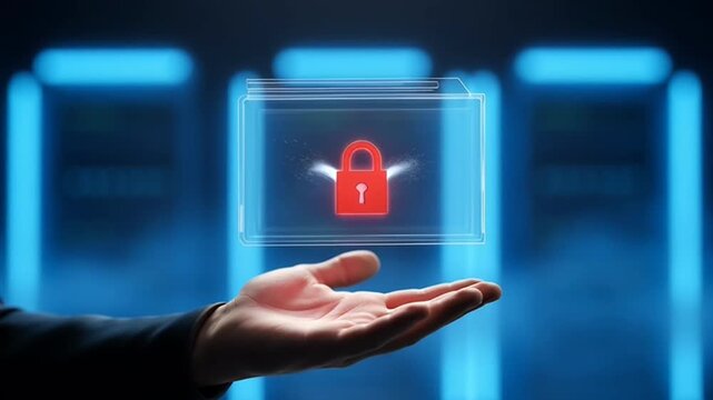 Digital security concept: Futuristic person holds a transparent folder with a locked padlock icon, representing data protection against a backdrop of glowing server racks.