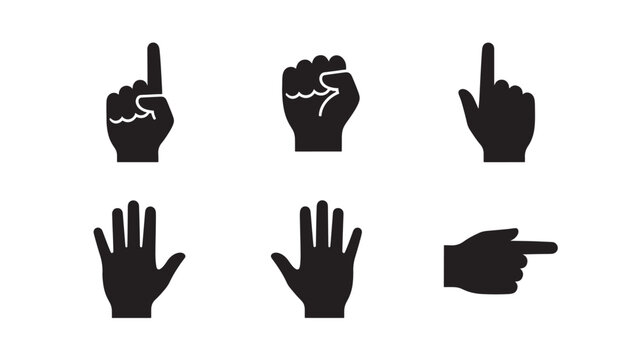 Hands icons showing different gestures and counting fingers in black silhouette style featuring hand, icon, gesture with number one and fist elements