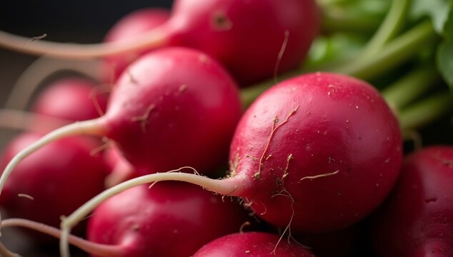 Close-up shot of fresh vibrant red radishes with green leafy tops ready to eat.