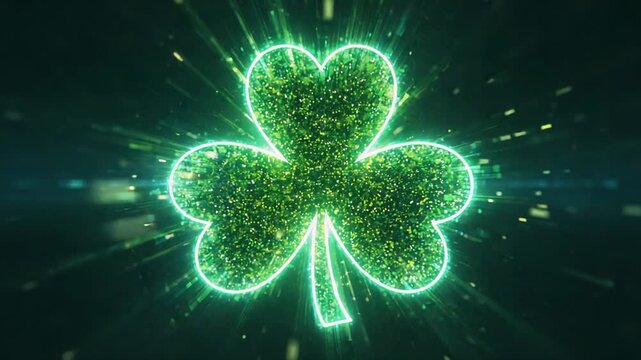 Glowing neon green clover leaf against dark background, abstract technology, digital illustration, festive, St. Patrick's Day, luck, vibrant.