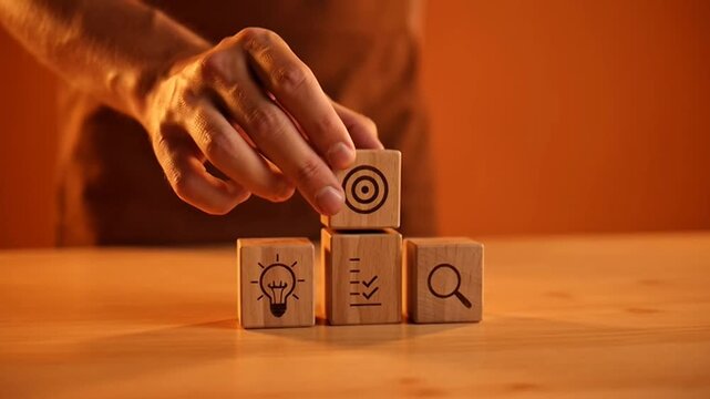 Hand places target icon on wooden blocks depicting business goals, representing strategy, planning, and achieving objectives with a clear vision.