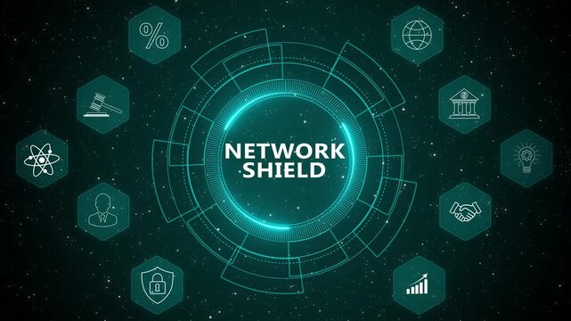 Advanced network shield cybersecurity interface with intelligent digital firewall monitoring system, secure data protection analytics, and enterprise network defense visualization