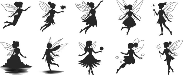 Set of flying fairy silhouettes with wings, magic wand and flowers in different poses, fantasy female characters collection isolated on white background © MdSofequl