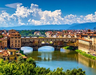 Fototapeta premium Historic bridge spanning river with shops, buildings, and cityscape under a vibrant blue sky with clouds