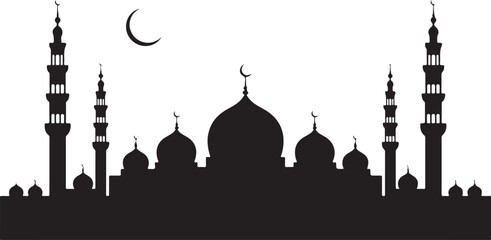 Silhouette of islamic mosque with minarets and crescent moon illustration © MDJUYELRANA