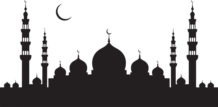 Silhouette of islamic mosque with minarets and crescent moon illustration